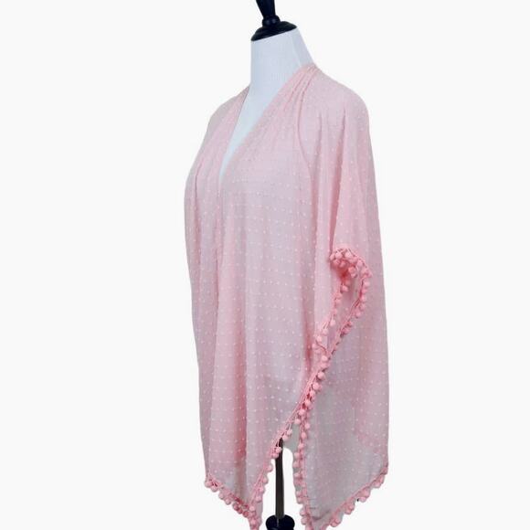 Vintage Other - Sheer Chiffon Swiss Dot Kimono Robe One Size Negligee Pom Pom Pink